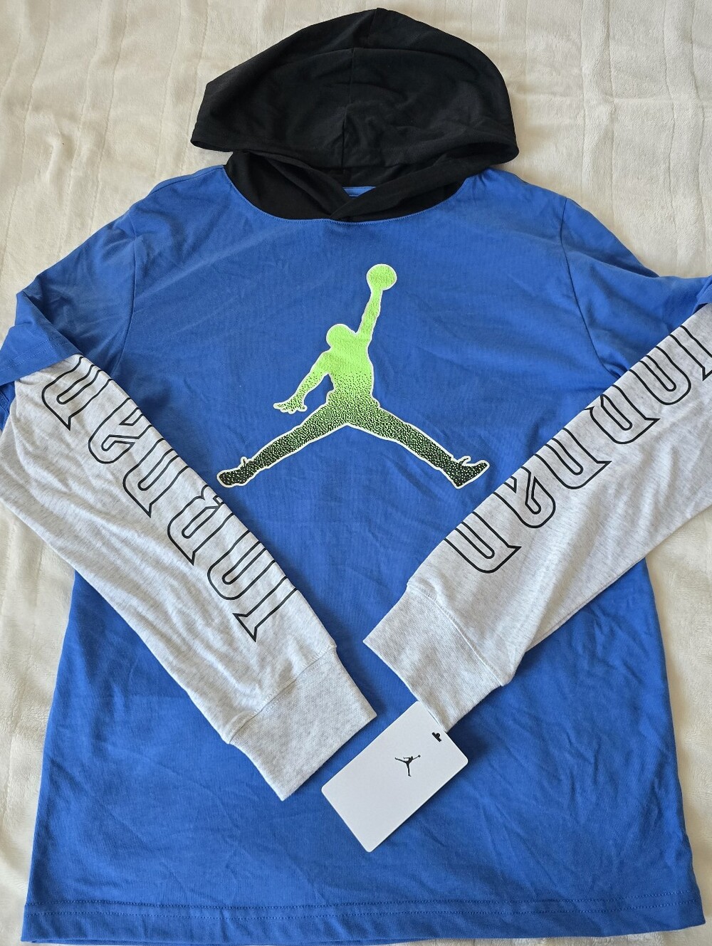 Jordan Boys Blue Hoodie Shirt with Gray Sleeves & Neon Green Jumpman. Size Large